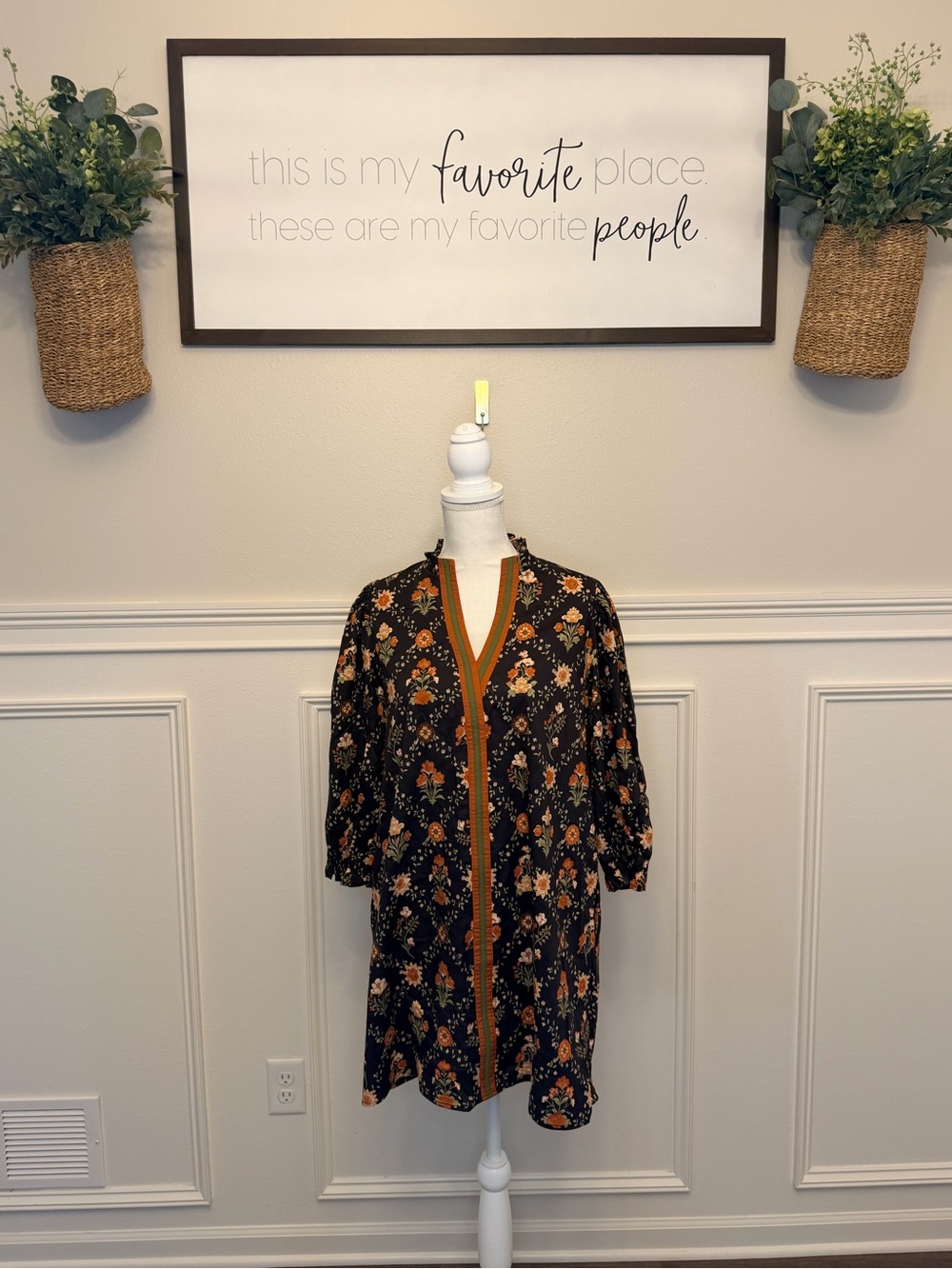 Boho Floral Black and Orange V-Neck Dress